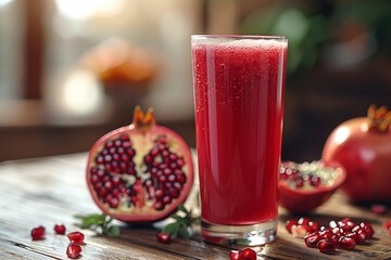 Sticker - A glass of pomegranate juice on a table next to a pomegranate