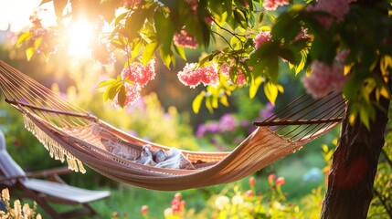 Poster - Capture the essence of a perfect summer day: warm sun, a gentle breeze, and the scent of blooming flowers. Imagine yourself relaxing in a hammock, enjoying the tranquility of nature around you.