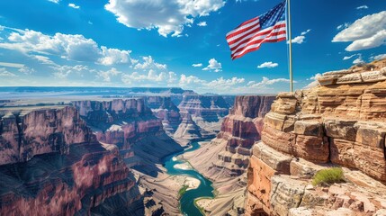 stunning view of the grand canyon with an american flag waving in the wind under a bright blue sky a