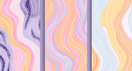 Wall Mural - Set of three vector abstract retro groovy background designs in pastel yellow, pink and purple colors with wavy lines pattern