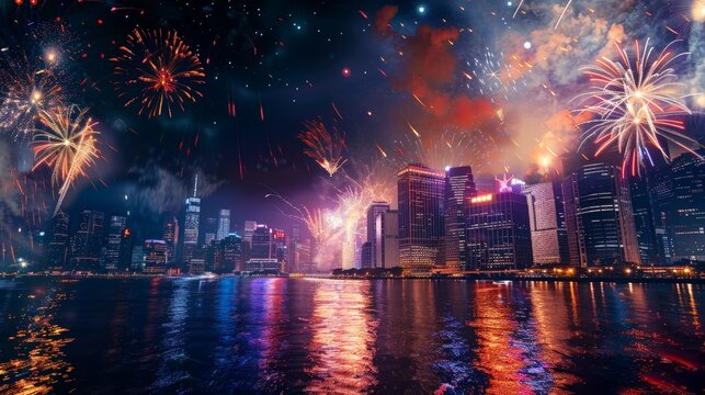 Create a captivating scene of a fireworks display over a city skyline. Picture the vibrant explosions lighting up the night, with trails of smoke adding texture and depth to the spectacle.