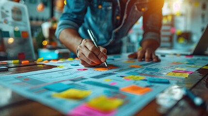 Poster - Hand Writing on Sticky Notes at Desk. Close-up of a hand writing on sticky notes at a desk, surrounded by colorful notes and office supplies.