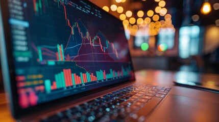 Poster - A laptop displaying real-time stock market data with colorful graphs and indicators.