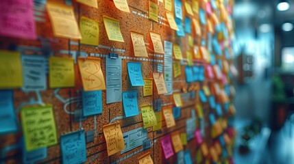 Poster - Sticky Notes on Bulletin Board Close-up. Close-up view of colorful sticky notes covering a bulletin board, showcasing organization and creative ideas.