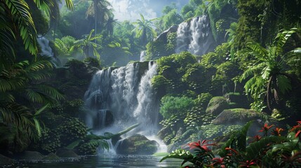 Sticker - Create a scene of a cascading waterfall hidden deep within a lush jungle, its thundering roar and misty spray adding to the sense of awe and wonder in the natural world.