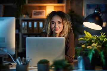 Poster - She's a real night owl Portrait of a young woman working late in an empty office