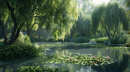 Wall Mural - Create a scene of a tranquil pond surrounded by weeping willows, their graceful branches trailing in the water and creating a serene and picturesque setting for reflection and contemplation.