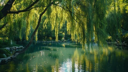 Poster - Create a scene of a tranquil pond surrounded by weeping willows, their graceful branches trailing in the water and creating a serene and picturesque setting for reflection and contemplation.