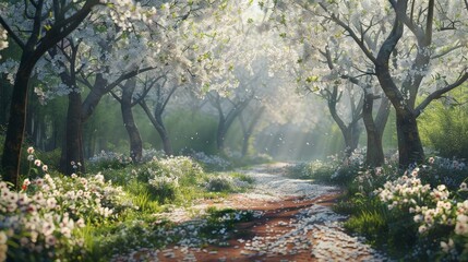 Canvas Print - Create a scene of a tranquil woodland path bordered by the delicate white blossoms of cherry trees, their ephemeral beauty and delicate fragrance creating a magical and enchanting atmosphere.