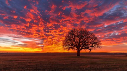 Poster - A lone tree silhouetted against a fiery sunrise sky, standing tall in a vast open field.