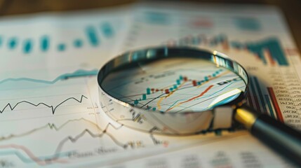Poster - A magnifying glass analyzing stock market charts and financial data printed on paper.
