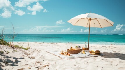 Sticker - Design a peaceful beach picnic on a secluded stretch of sand. Include a blanket spread with delicious foods, a beach umbrella for shade, and the soothing sound of waves as the perfect backdrop 