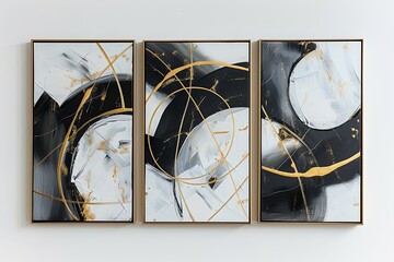 Poster - A trio of abstract hand-painted oil paintings with bold golden lines for wall decoration, presenting a striking combination