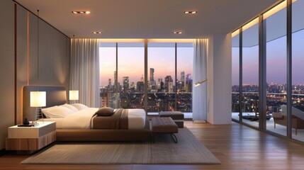 Poster - A modern bedroom with sleek furniture, floor-to-ceiling windows, and city skyline views creating a luxurious urban retreat.