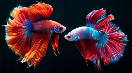 Poster - A pair of Betta fish engaged in a territorial display, showing off their vibrant hues in an aquarium setting.