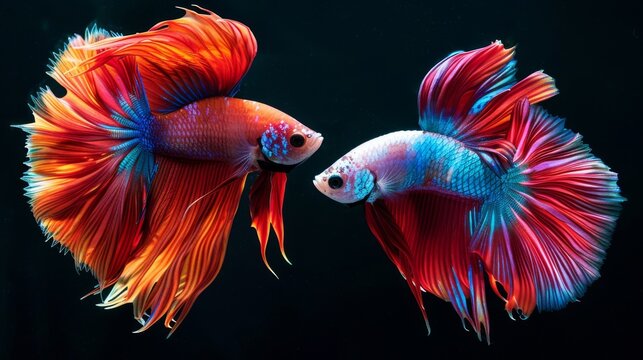 A pair of Betta fish engaged in a territorial display, showing off their vibrant hues in an aquarium setting.