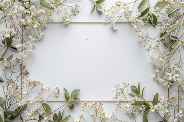 Wall Mural - an elegant white and gold frame with flowers and leaves, in the style of minimalist backgrounds, white and silver, white and gray