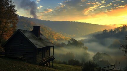 Poster - Imagine a peaceful morning in a mountain cabin. Picture the thin smoke rising from the chimney, mingling with the crisp mountain air and hinting at a warm fire inside.