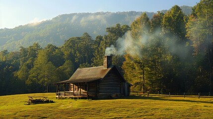 Sticker - Imagine a peaceful morning in a mountain cabin. Picture the thin smoke rising from the chimney, mingling with the crisp mountain air and hinting at a warm fire inside.