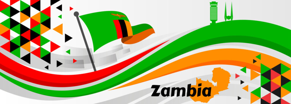 Zambia happy independence day greeting card, banner with template text vector illustration. Zambian memorial holiday 24th of October design element with 3D flag with stripes

