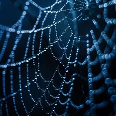 Macro shot of the intricate texture of a spider web with dew drops