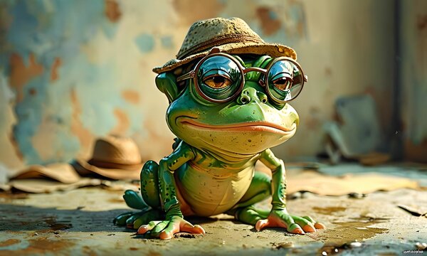 wallpaper representing a caricature of a ridiculous frog portrait with glasses and a hat.