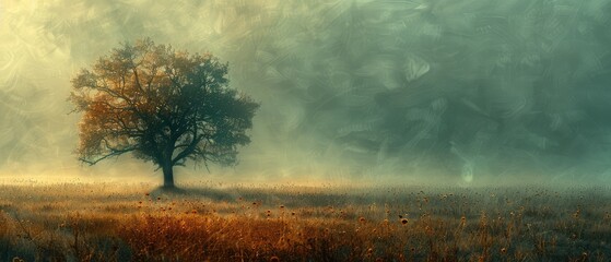 Wall Mural - solitary tree emerges from the mist in a field bathed in ethereal light creating a serene backdrop that evokes a sense of mystery and calm
