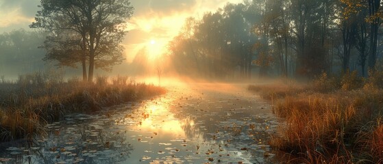 Wall Mural - sun rises serenely over a misty forest wetland the reflective waters and autumn foliage create a tranquil and reflective atmosphere