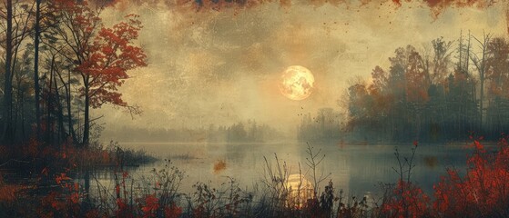 tranquil autumnal evening by the lake with a full moon illuminating the misty forest creating a peaceful nature backdrop