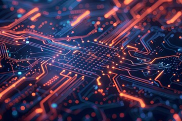 Poster - A close-up view of a circuit board, showcasing its intricate design and glowing traces. Generative AI