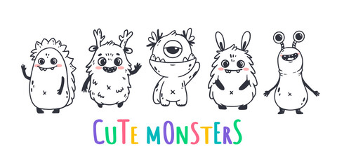 Wall Mural - Set of cute cartoon monsters in doodle style. Funny characters on white background. Icon monster. Alien.