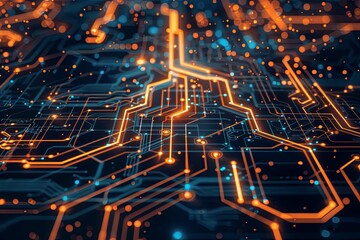 Poster - A digital illustration of a circuit board with glowing orange lines and blue and orange dots. Generative AI