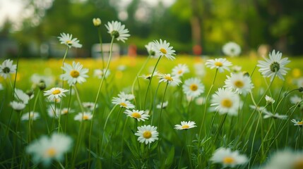 Wall Mural - Picture a serene meadow carpeted in a blanket of daisies, their cheerful white blooms and yellow centers brightening the landscape and attracting bees and butterflies.