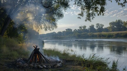 Picture a serene Native American ritual by the riverside. Imagine the smoke from a sacred fire rising into the sky, carrying prayers and adding a spiritual dimension to the natural landscape.