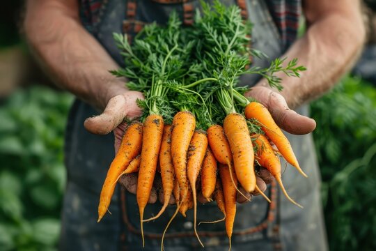a farmer's hands holding a bunch of freshly picked carrots, with green tops still attached.