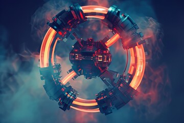 Poster - A digital illustration of a futuristic, minimalist fusion reactor design with glowing orange rings. Generative AI