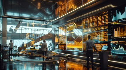 futuristic trading floor with interactive displays