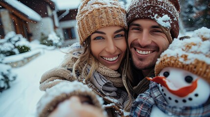 This image shows a happy couple, bundled in winter clothing, smiling and taking a selfie in a snowy landscape, with a snowman dressed warmly in the background.