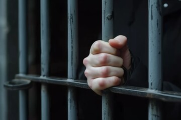 Man in prison hands of behind hold Steel cage jail bars. offender criminal locked in jail