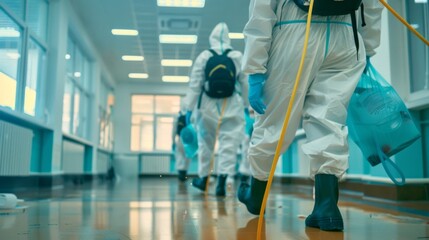 Wall Mural - Three people in white protective gear are walking down a hallway