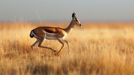 Wall Mural - Visualize a graceful gazelle bounding across the savannah. Picture its sleek form and long legs propelling it effortlessly through the grasslands, embodying elegance 