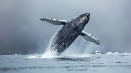 Sticker - Visualize a magnificent humpback whale breaching the surface of the ocean. Picture its massive body soaring gracefully through the air before crashing back into the water with a mighty splash.