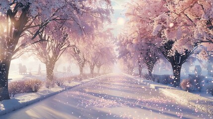 Poster - Visualize a peaceful cherry blossom grove in full bloom. Picture the delicate pink petals drifting down like snow, covering the ground and creating a magical, romantic atmosphere.