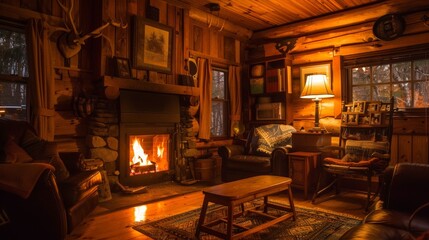 Sticker - Visualize a peaceful evening in a remote cabin. Picture the fire crackling in the hearth, casting a warm glow on wooden walls, as you sit with a loved one, sharing stories and enjoying 