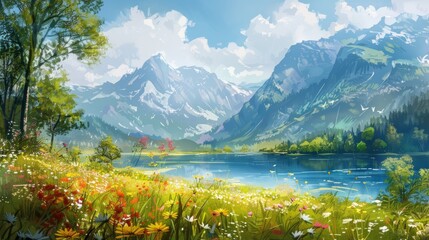 A serene mountain lake surrounded by lush greenery, with snow-capped peaks in the background.  A beautiful, tranquil landscape.