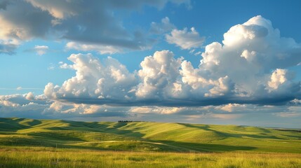 Sticker - Visualize a serene countryside beneath a canvas of fluffy cumulus clouds, their puffy shapes casting shadows on the rolling hills below and adding a touch of drama to the pastoral landscape.