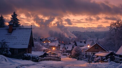 Poster - Visualize a serene evening in a small village during winter. Picture smoke rising from chimneys and a communal fire in the village square, where residents gather to stay warm 