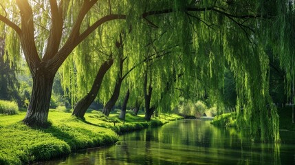 Wall Mural - Visualize a serene riverside with willow trees. Picture their long, graceful branches dipping into the water, creating a soothing and picturesque spot perfect for relaxation and reflection.