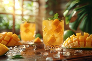 Wall Mural - Two glasses of mango juice with ice cubes sit on a wooden table