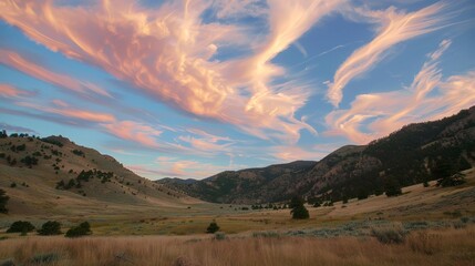 Sticker - Visualize a tranquil mountain valley bathed in the soft light of the setting sun, with wisps of cirrocumulus clouds streaking across the sky like brushstrokes on a canvas of pink and gold.